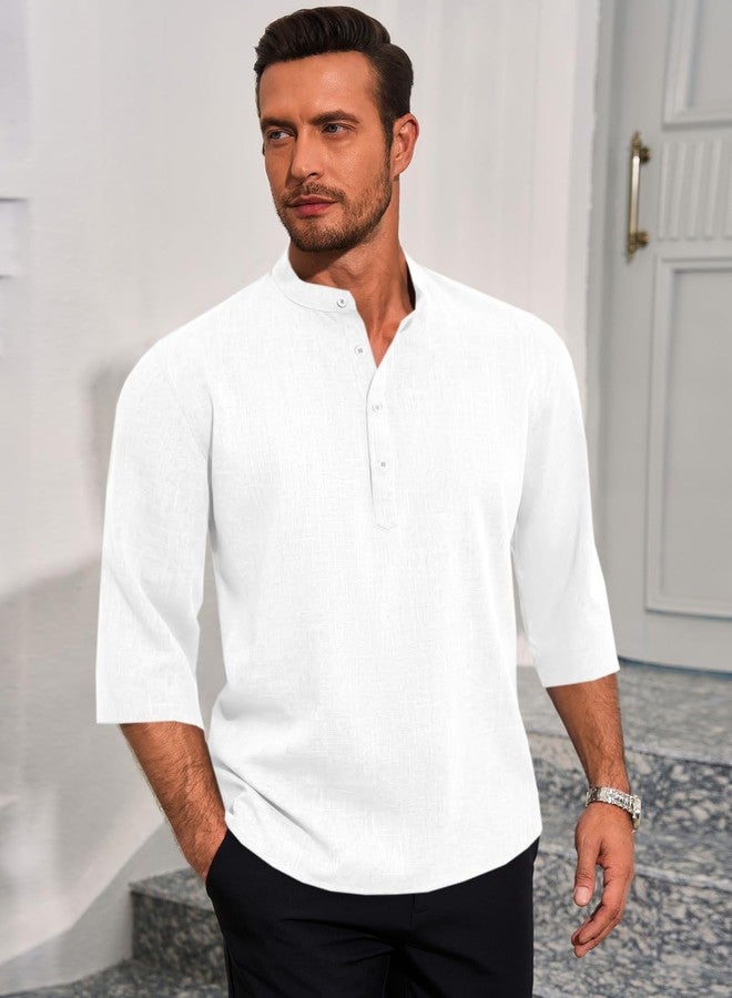 Runcati Mens Linen Henley Shirts Casual Lightweight 3/4 Sleeve Top Summer Beach Yoga Hippie T-Shirts White - Image 3